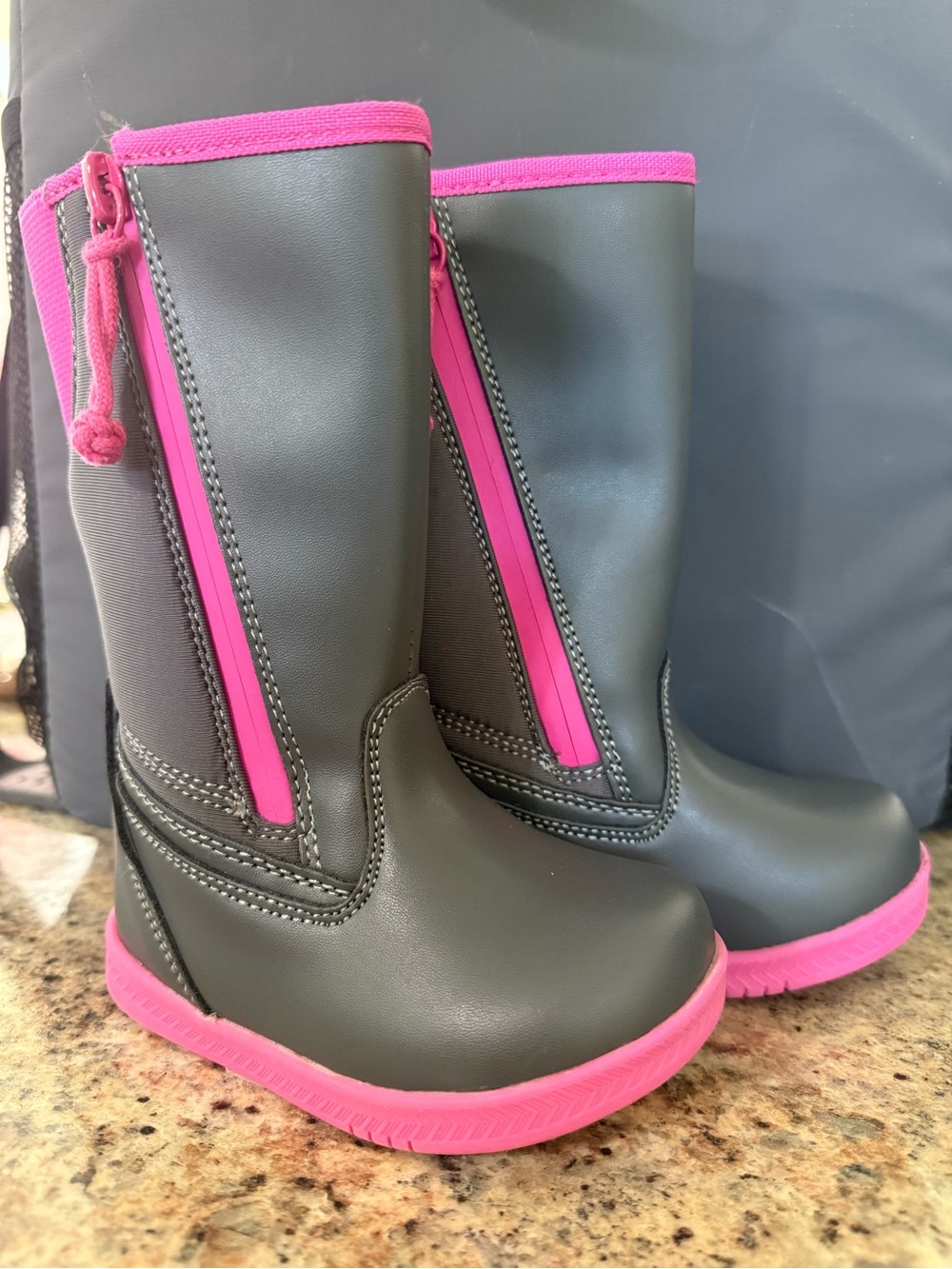 Kids Waterproof Gray and Pink Rain Boots with Easy-Zip